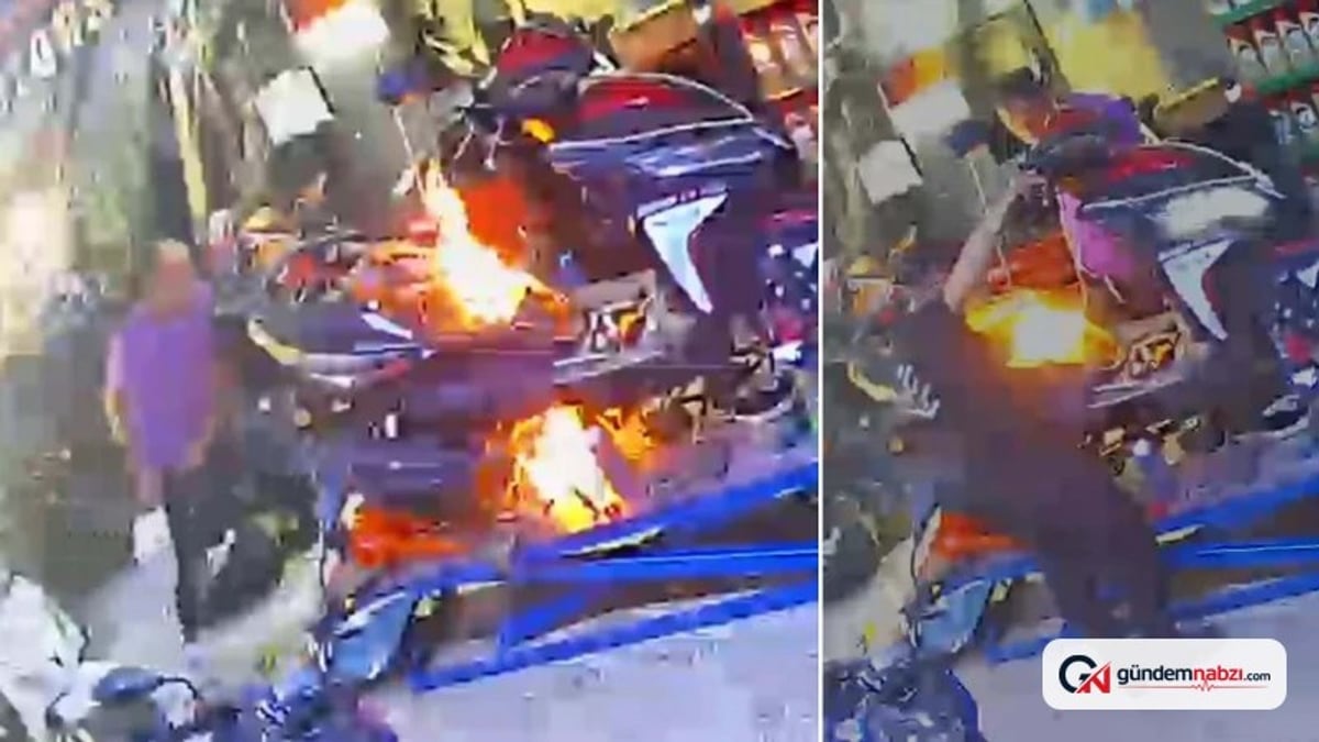Motosiklet yangınını ilginç bir yöntemle söndürdü