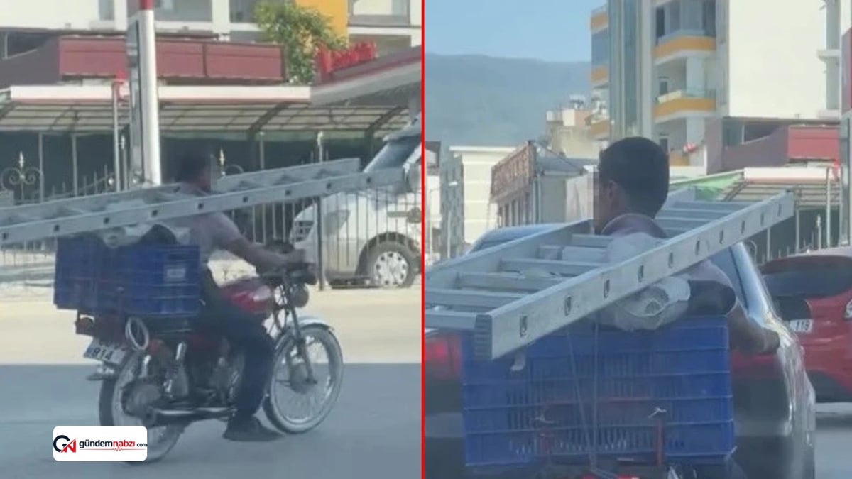 Osmaniye'de merdiveni boynuna asıp motosikletle ilerledi