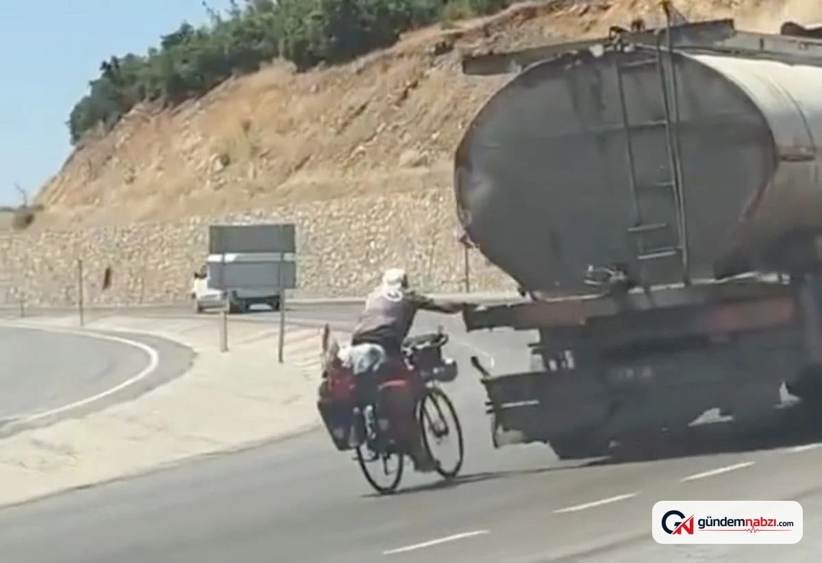 Gaziantep'te tankere tutunan bisikletlinin tehlikeli yolculuğu