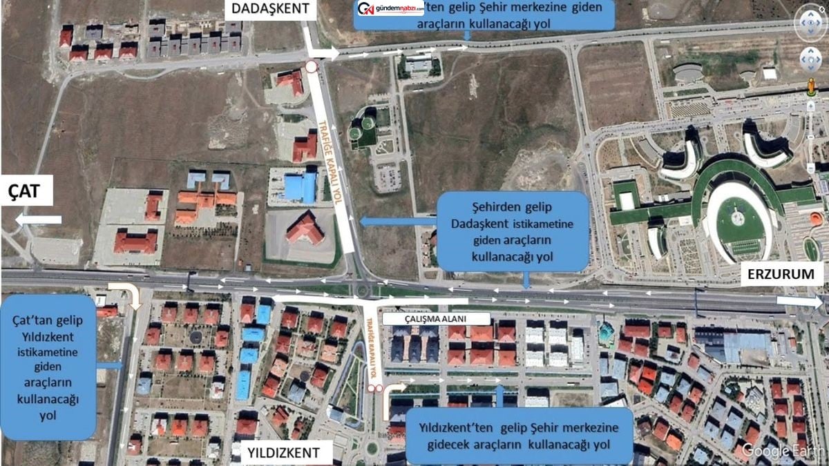 Erzurum'da dönel kavşakta geçici trafik düzenlemesi