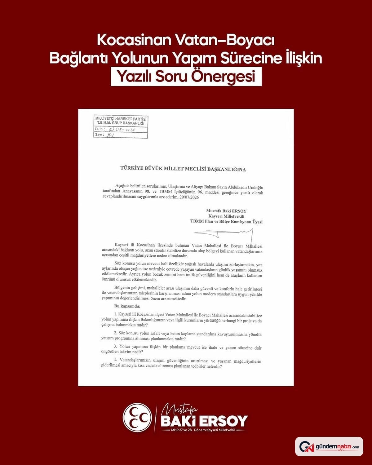 Baki Ersoy, Vatan Mahallesi-Boyacı Mahallesi yolunu TBMM gündemine taşıdı