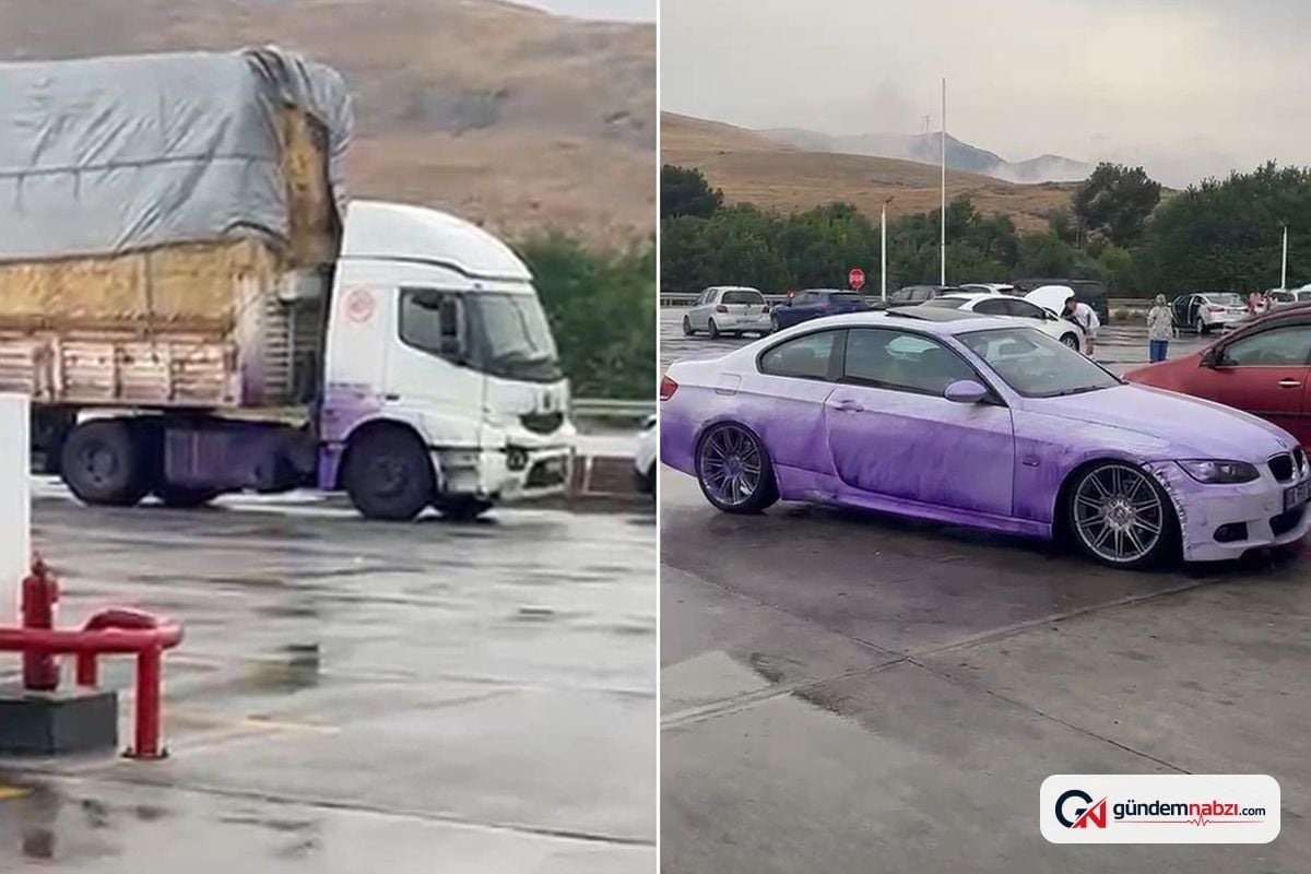 Antalya'da boya yüklü TIR devrildi, araçlar mora boyandı