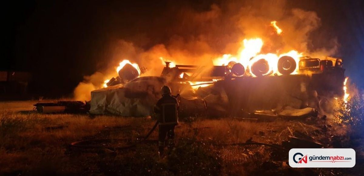 Çorum'da devrilen TIR alev aldı