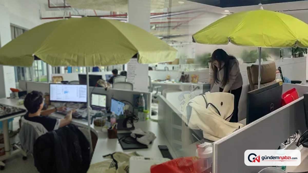 Çin'de ofis çalışanları şemsiyelerle korunmaya çalışıyor