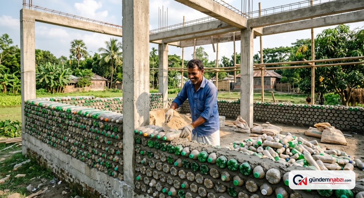 Bangladeş'te kum dolu şişelerle ev inşa edildi